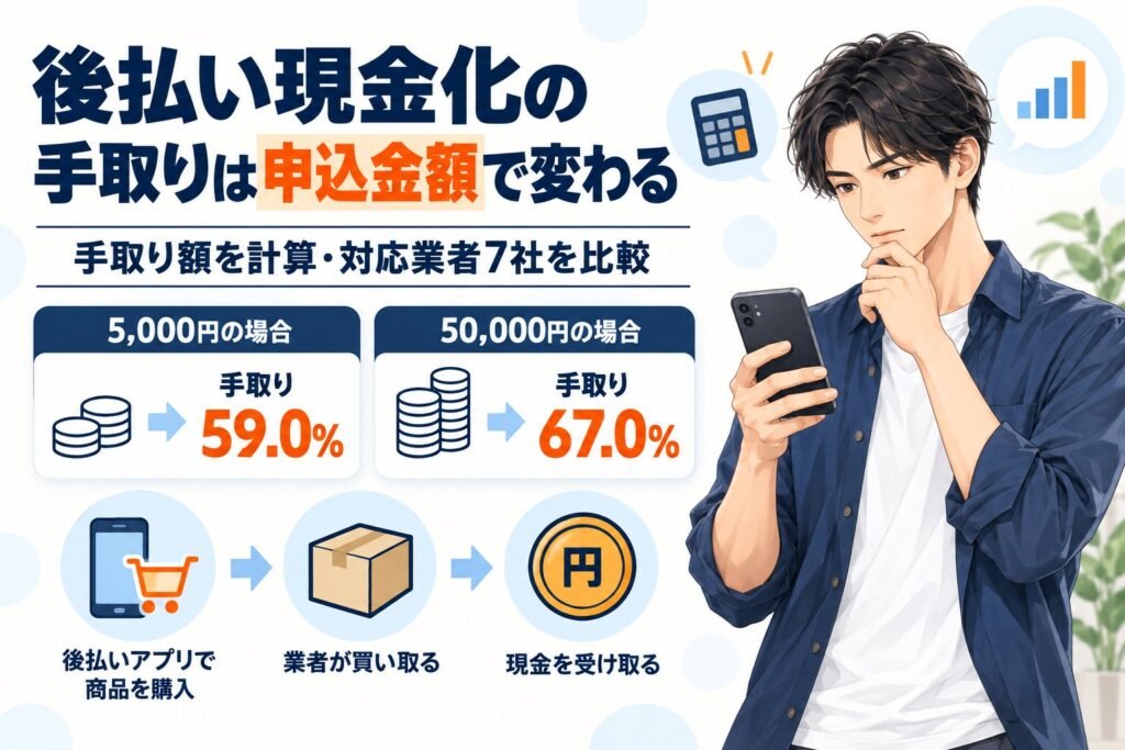 後払い現金化の手取りは申込金額で変わる。5,000円なら59.0%、5万円なら67.0%